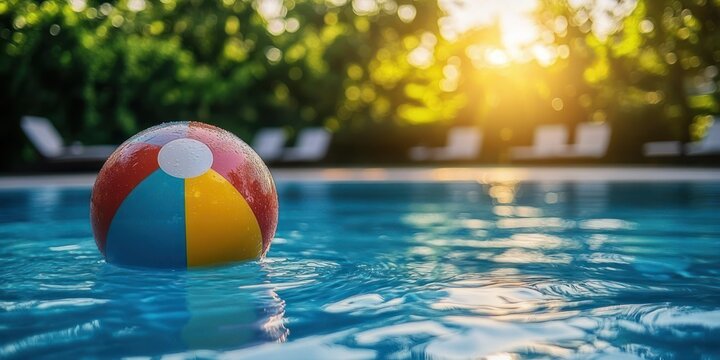 Colorful beach ball floating on clear blue pool water at golden sunset with sun glare and bokeh of trees and lounge chairs conveying warm relaxed summer leisure