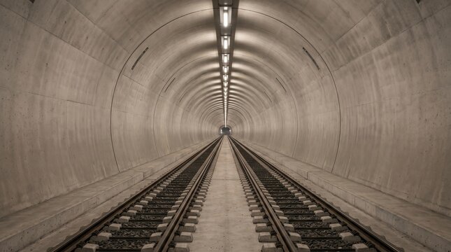 Empty railway tunnel with twin tracks and concrete walls, modern underground transport infrastructure with linear perspective, illuminated interior and symmetrical industrial engineering