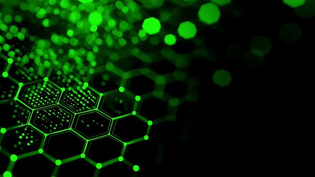 Abstract digital background with glowing green hexagonal grid and bokeh light effects.