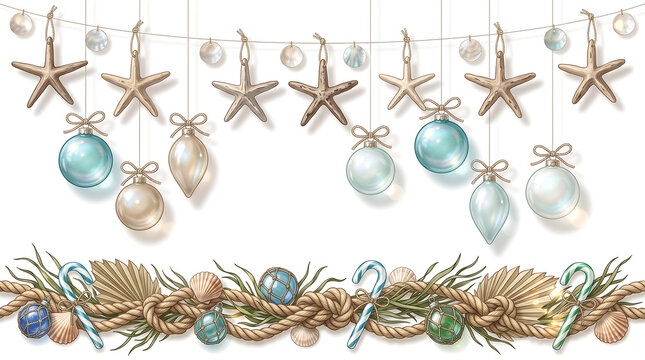  Elegant Coastal Christmas vector background with driftwood ornaments and seashell garland netting