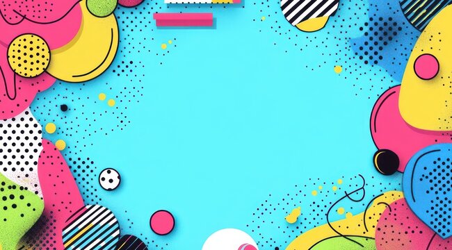 Bright playful abstract background with cyan center surrounded by colorful layered geometric shapes, circles, stripes, halftone dots and confetti, energetic retro vibe