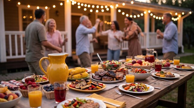 Group of mature friends laughing and dancing at outdoor summer dinner party on patio with festive string lights and table full of delicious food and drinks for social gathering
