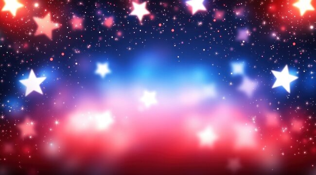 glowing red white and blue stars over blurred gradient with sparkling lights, festive and dreamy mood