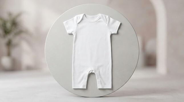 Blank white baby romper bodysuit mockup for apparel design branding template flat lay baby clothes product photography