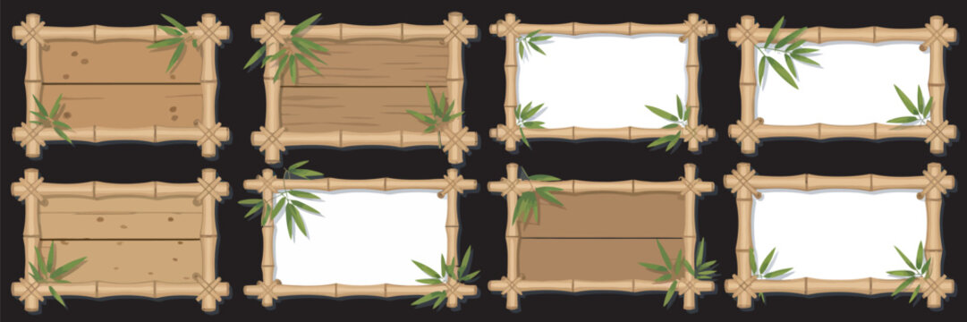 Bamboo frame vector set, collection featuring wooden sign boards, bamboo borders, adventure game UI banners, green leaf textures, and empty decorative panels in various sizes, ideal for maps, 