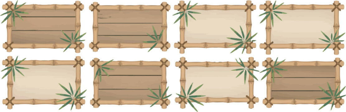 Wooden bamboo game interface collection, vector illustration showcasing bamboo frames, rustic signboards, jungle-themed borders, and blank UI name banners with leafy decorations, 