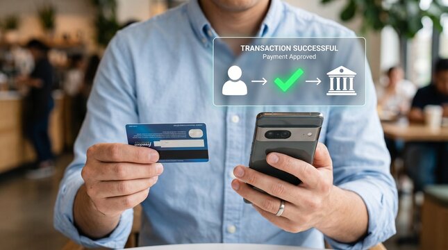 Mobile payment and secure online banking transaction concept. man using smartphone and credit card, verifying digital transfer through mobile app for fast, safe, and seamless financial service 