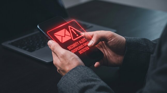 Security Alert Warning for Suspicious Email Detected on Smartphone Screen at Office