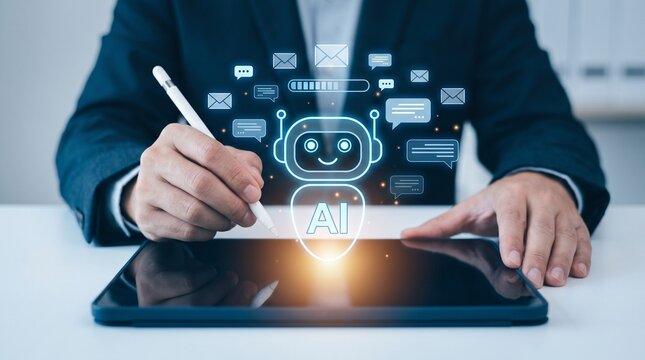 AI chatbot managing business email communication on digital tablet, used by professional for smart inbox automation, virtual assistant service, and improving workplace productivity with technology