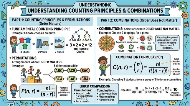 Educational poster explaining counting principles permutations and combinations in math.