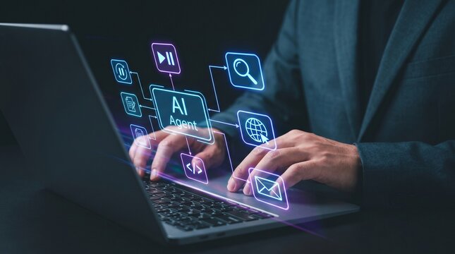 AI agent controlling intelligent automation processes on laptop by software developer in modern office, generating code, managing digital tasks and analyzing data through virtual interface 