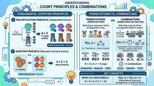 Infographic showing fundamental counting principles and comparison of permutations combinations.