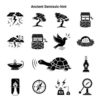 Ancient Semissic-hint Icons: Cracked Earth, Bonsai, Well, Bird, Nest, Lamp, Turtle, Compass