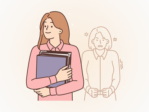 Happy and Successful Young Businesswoman Moving Forward, While an Envious Female Employee Looks on with Anger - Concept of Corporate Rivalry and Jealousy 
