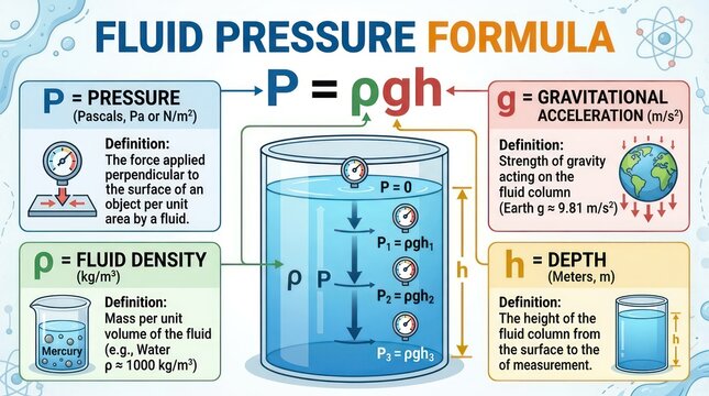 Comprehensive diagram of fluid pressure formula featuring density and depth definitions.