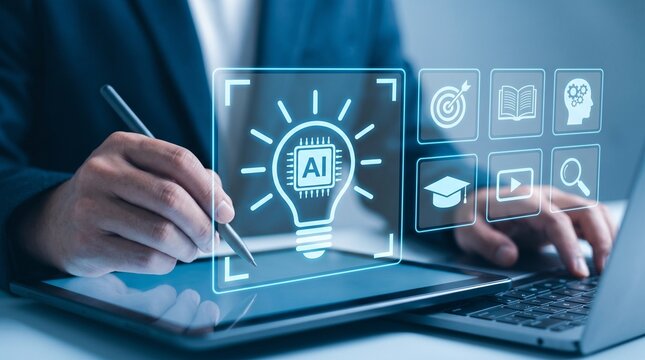 Smart education technology with AI powered idea creation, interactive learning icons, and digital knowledge tools used on tablet for personalized study and future ready training experience
