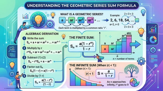 Geometric series sum formula infographic explaining finite and infinite sequence concepts.