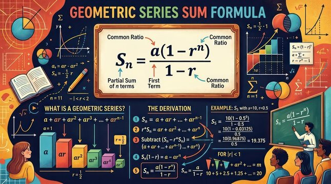 Comprehensive geometric series sum formula chart for academic study and classroom usage.