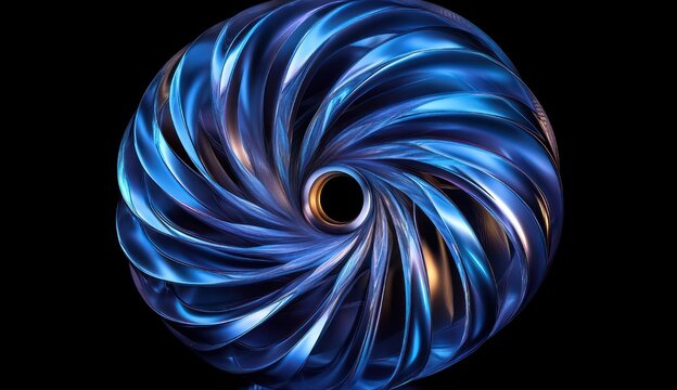 mesmerizing metallic blue and gold spiral turbine with glossy radial blades and dark central void, sleek futuristic hypnotic motion