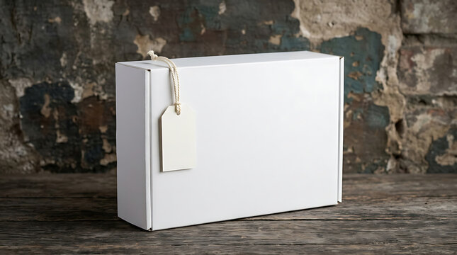 Blank white cardboard box with empty tag attached by string for branding mockups e-commerce packaging retail display