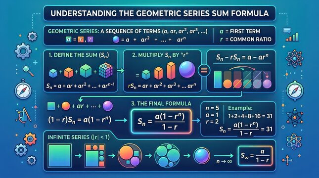 Geometric series sum formula visual infographic for algebra and mathematics students learning.