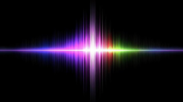 Abstract colorful sound wave visualization glowing on a dark black background.