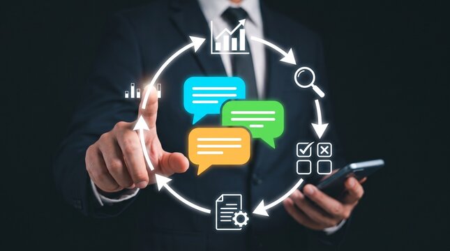 Feedback loop strategy for business process improvement showing a man using digital communication to optimize workflow and decision making with PDCA and OODA cycles for continuous growth