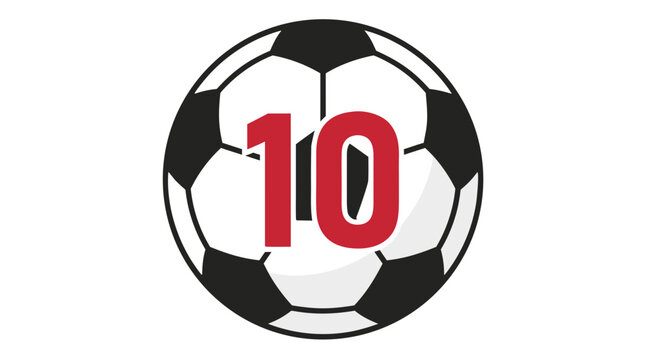 Black and white soccer ball with red number 10, isolated on a white background. Perfect for sports team graphics.