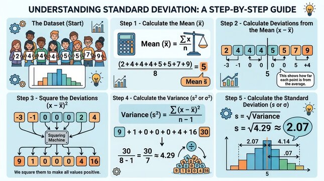 Educational infographic showing step by step guide to calculating standard deviation data.
