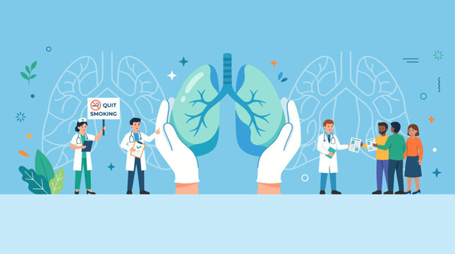 World lung cancer day illustration with doctors advocating for healthy lungs and smoking cessation
