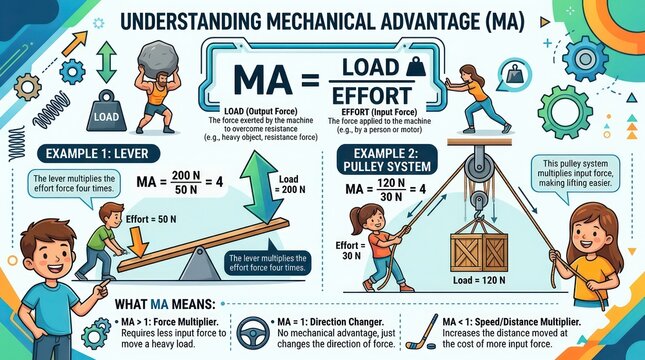Mechanical advantage physics chart illustrating formulas with lever and pulley system examples.