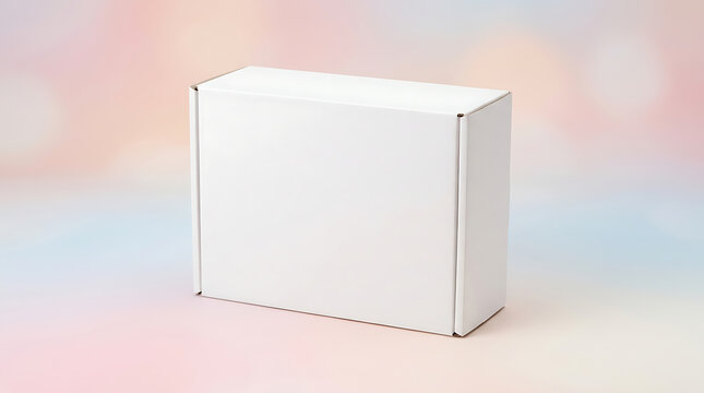 Blank white cardboard mailer box mockup for retail delivery and shipping packaging on a soft pastel background
