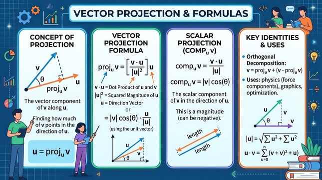 Vector projection and formula infographic for advanced mathematics and physics engineering studies.
