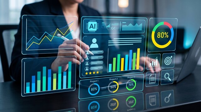 ai hr analytics and KPI performance management concept, employee evaluation dashboard, employee evaluation scoring system, data analytics to improve workforce strategy and decision making 