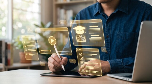 Ai online learning platform for digital education, student using tablet at home, intelligent elearning system with course assessment analytics certification and training for skill development