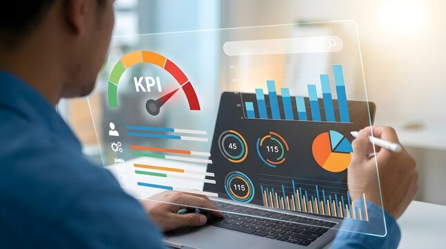 KPI analytics dashboard showing charts, performance metrics, AI insights and task checklists used by man on tablet for business data analysis, digital strategy planning and productivity management