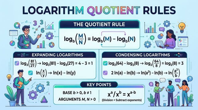 Logarithm quotient rules poster featuring expanding and condensing methods for learners.