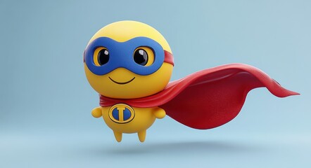 Fototapeta premium smiling round yellow superhero mascot with blue mask and flowing red cape floating against a soft blue background, playful and joyful