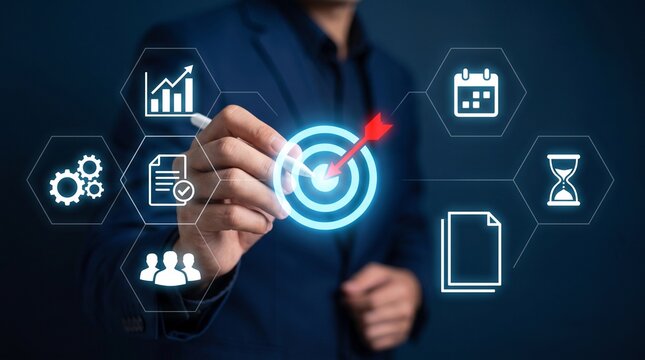 Goal setting and strategic focus using digital interface. businessman selecting target icon and strategy dashboard. strategic planning, performance tracking and digital business management for success