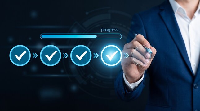 progress tracking workflow checklist with task completion steps and digital interface using stylus on business dashboard for productivity improvement time management and efficient process optimization