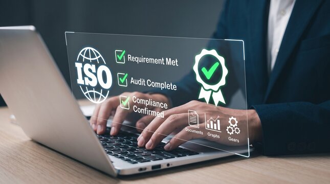 Business professional on laptop showing ISO certification and compliance process with digital checklists, quality assurance, document validation, performance and global corporate governance standards