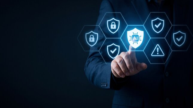 Enterprise AI Security Protection Businessman Touching Shield Icon. Risk Management Cybersecurity Technology. artificial intelligence governance compliance monitoring and cybersecurity defense control