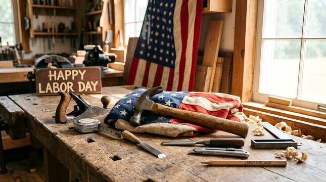 Happy Labor Day: American Flag & Tools on Workbench, Woodworking Shop