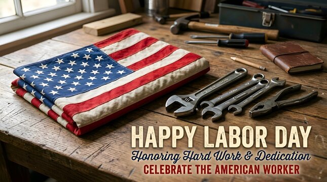 Happy Labor Day American Flag & Tools on Rustic Wood Table