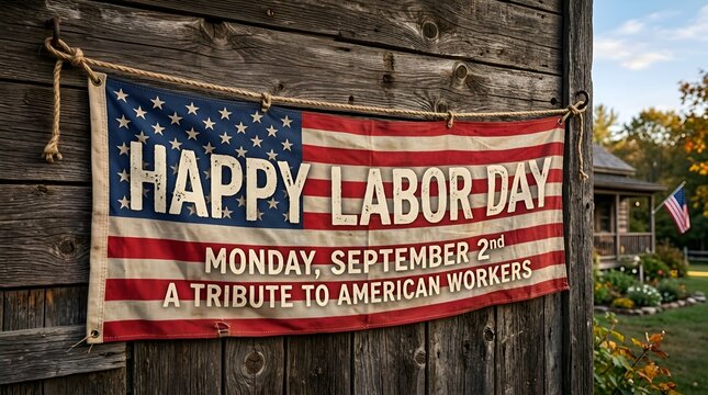 Happy Labor Day American Flag Banner on Rustic Wood Barn Wall - Tribute to Workers