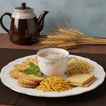 Traditional Hot Masala Milk Tea Served with Assorted Savory Crackers, Crunchy Sev Snacks and Fresh Mint on a White Plate with Teapot and Wheat Stalks