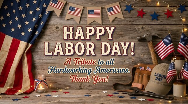 Happy Labor Day American Flag Tribute to Workers Rustic Wood Background
