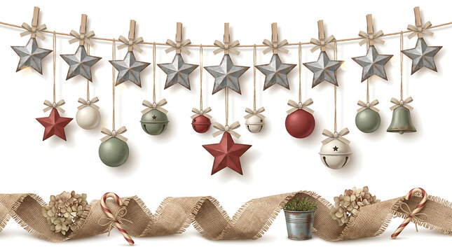  Rustic Farmhouse Christmas vector background with galvanized metal ornaments and burlap garland