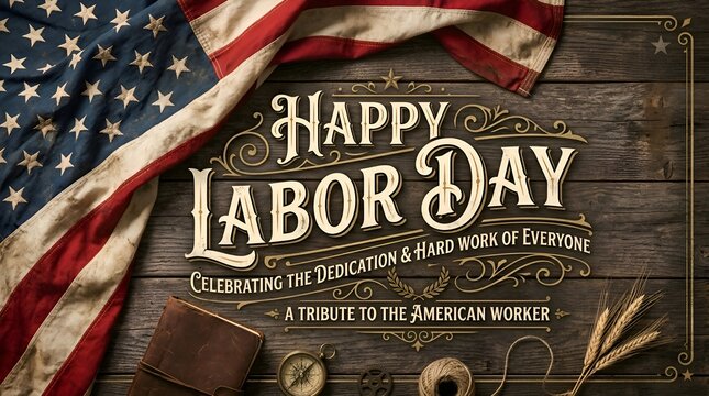 Happy Labor Day American Flag Rustic Wood Background Tribute to Workers