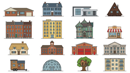 Collection Of Colorful Building Illustrations On A White Background © alimur rahman